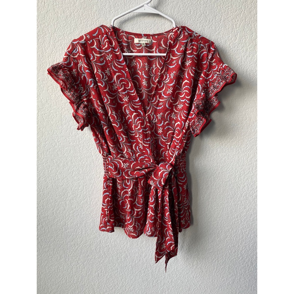 Max Studio Women Floral Smocked BOHO Peplum Top Size M Red Blue 9701D38